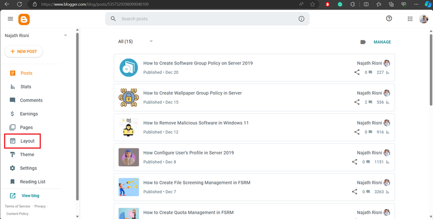 Step 1: Blogger Dashboard Layout